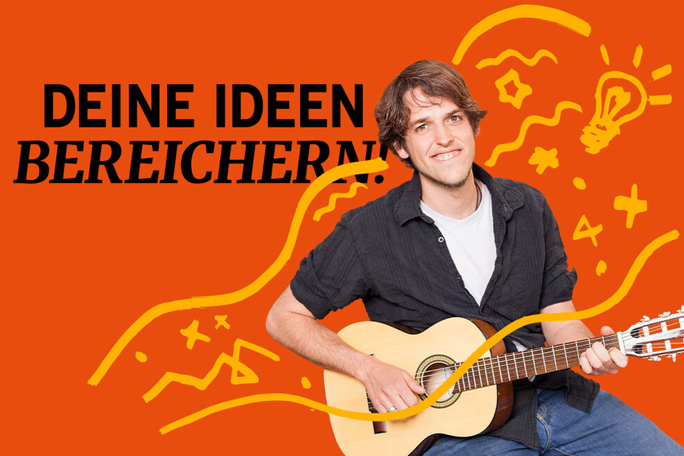 Die Grafik zeigt eine pädagogische Fachkraft mit einer Gitarre in der Hand und dem Slogan "Deine Ideen bereichern".